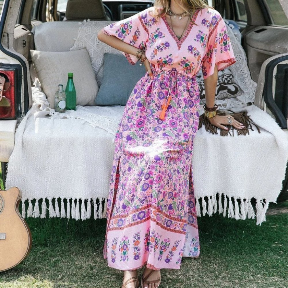 Floral Trumpet Sleeve Split Thigh Drawstring Waist Maxi Dress - Picture 4 of 9